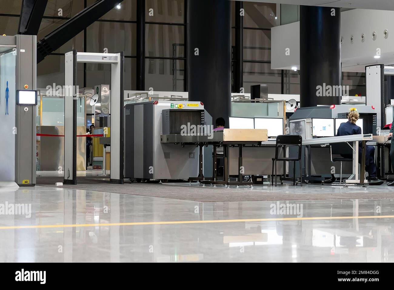 Check point. border control. Airport security metal detector scan. Empty scanner control luggage at the terminal. Gate-ray detection with a belt for s Stock Photo