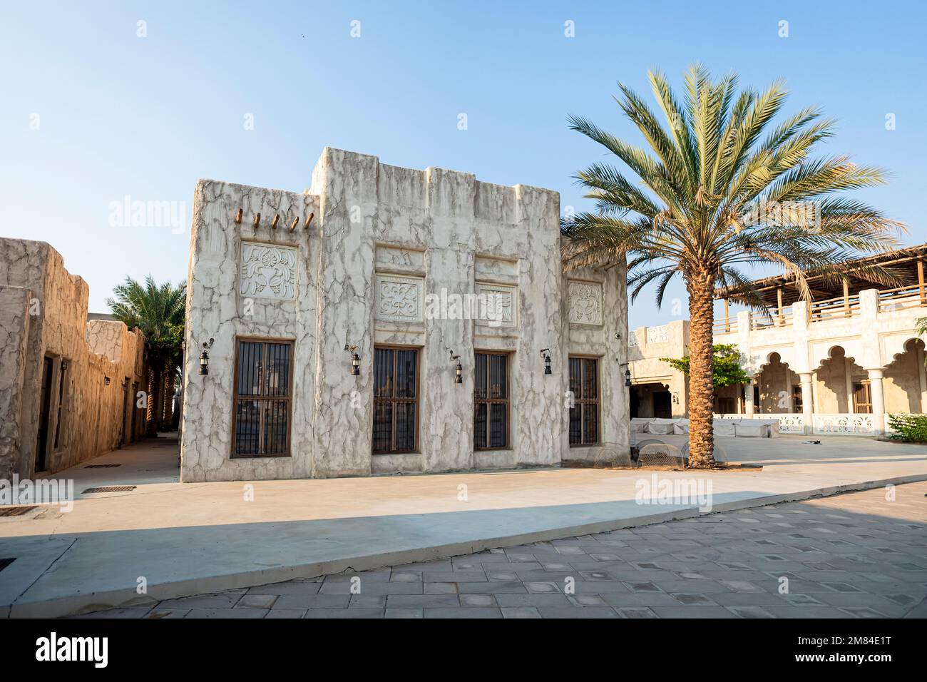 Beautiful and spectacular scenery of traditional Arabic architecture with human-made houses and structures during a sunny day. Stock Photo