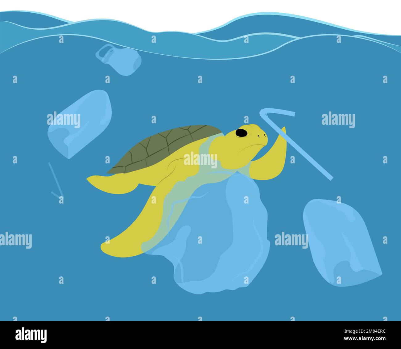 Marine turtle stuck in plastic bag floating among other plastic trash in a sea Stock Vector