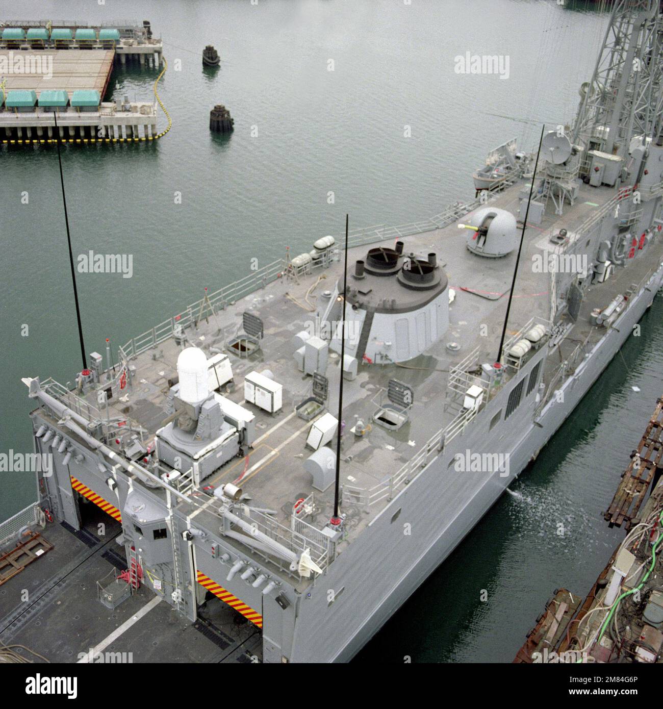 A starboard amidships view of the guided missile frigate USS VANDEGRIFT (FFG-48) during an inclining test. Base: Los Angeles State: California (CA) Country: United States Of America (USA) Stock Photo