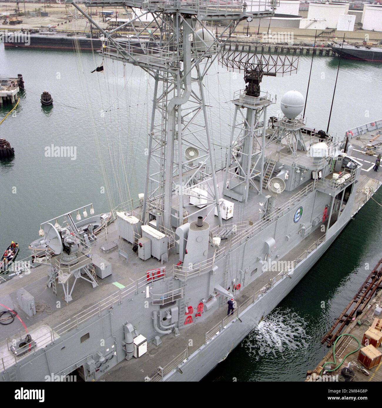 A starboard amidships view of the guided missile frigate USS VANDEGRIFT (FFG-48) during an inclining test. Base: Los Angeles State: California (CA) Country: United States Of America (USA) Stock Photo