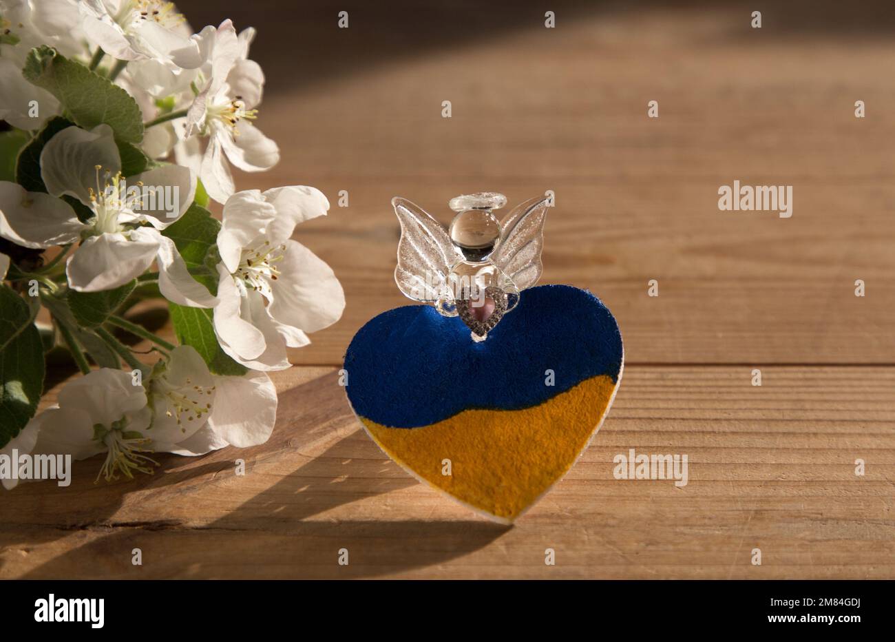 Souvenir angel with a halo, a yellow-blue Ukrainian heart, a flowering spring twig illuminated by backlight. Pray for peace for Ukraine. Stop the war. Stock Photo
