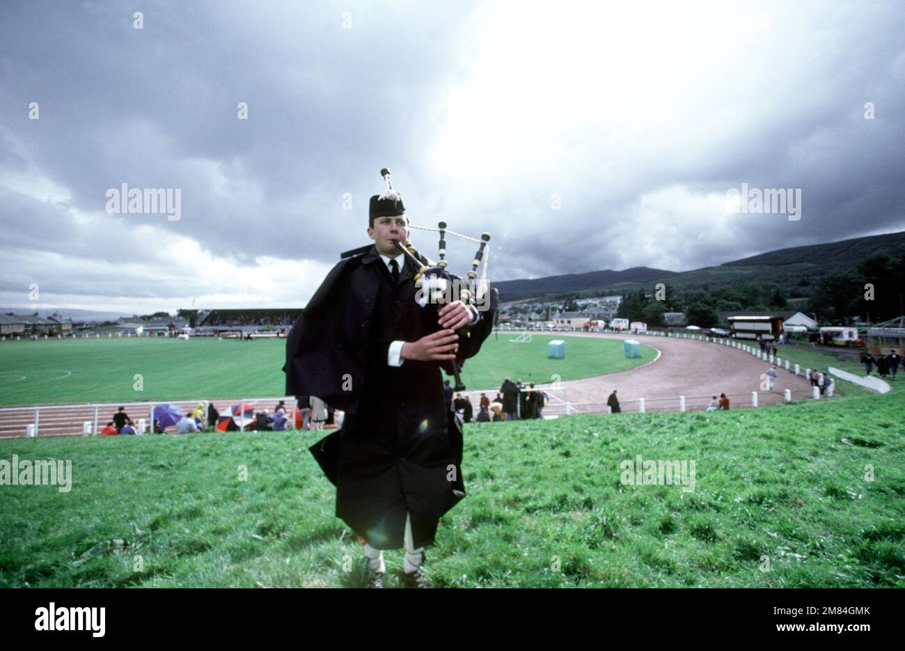 A bagpipe player practices before the Cowal Highland Gathering, a