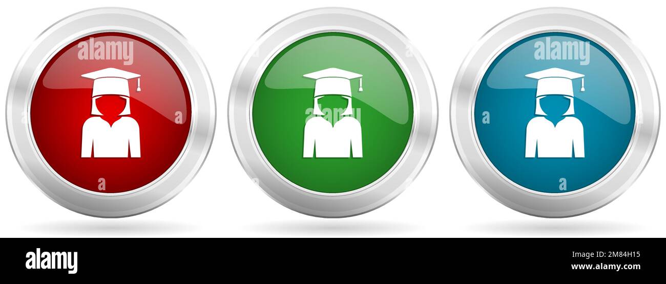 Graduate, education, female student vector icon set. Red, blue and ...
