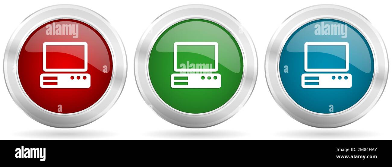 Computer vector icon set. Red, blue and green silver metallic web buttons with chrome border Stock Vector