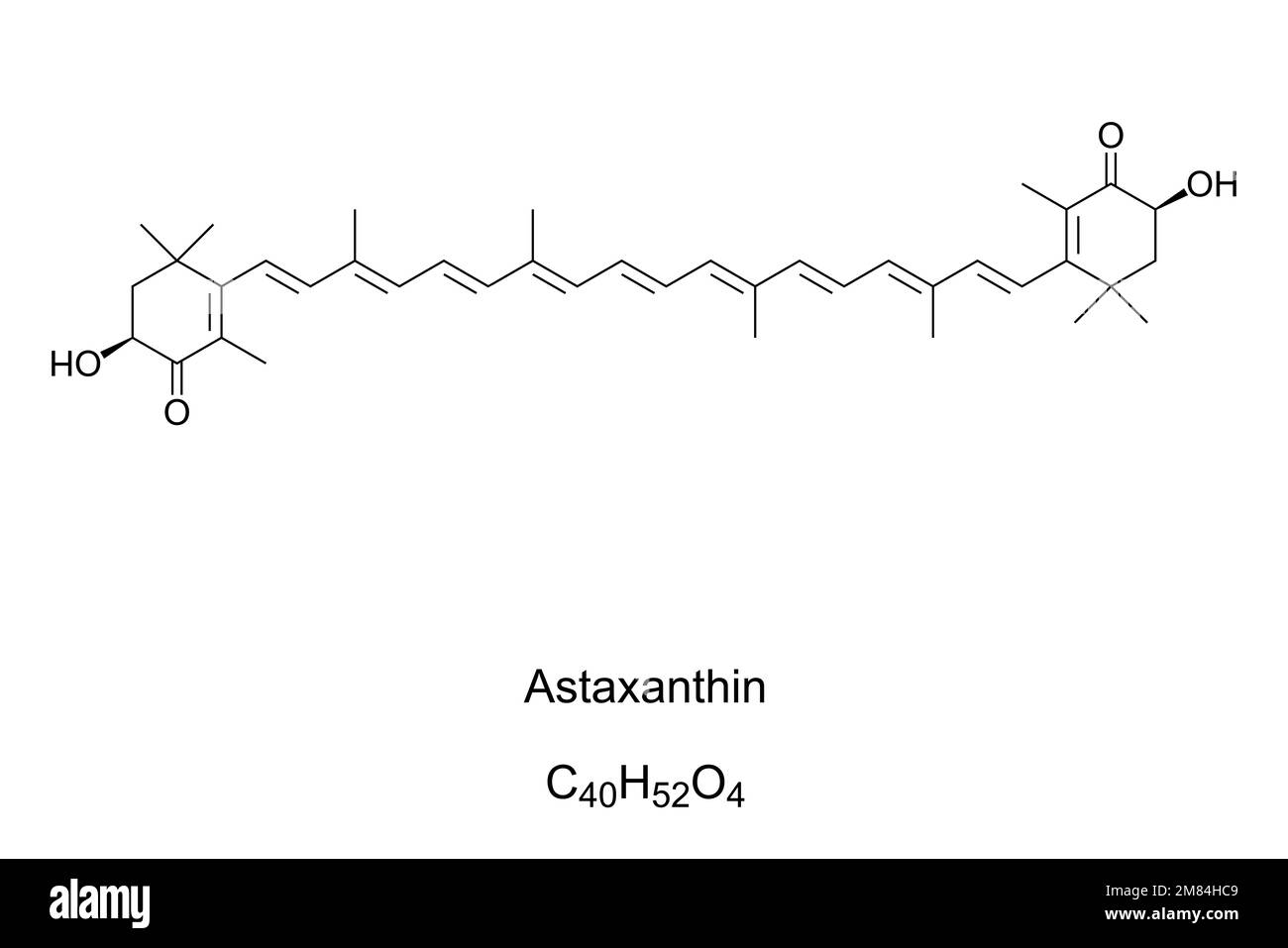 Astaxanthin, red coloring pigment, chemical formula, produced by a certain type of microalgae, Pigmentation of salmon, flamingos and crustaceans. Stock Photo