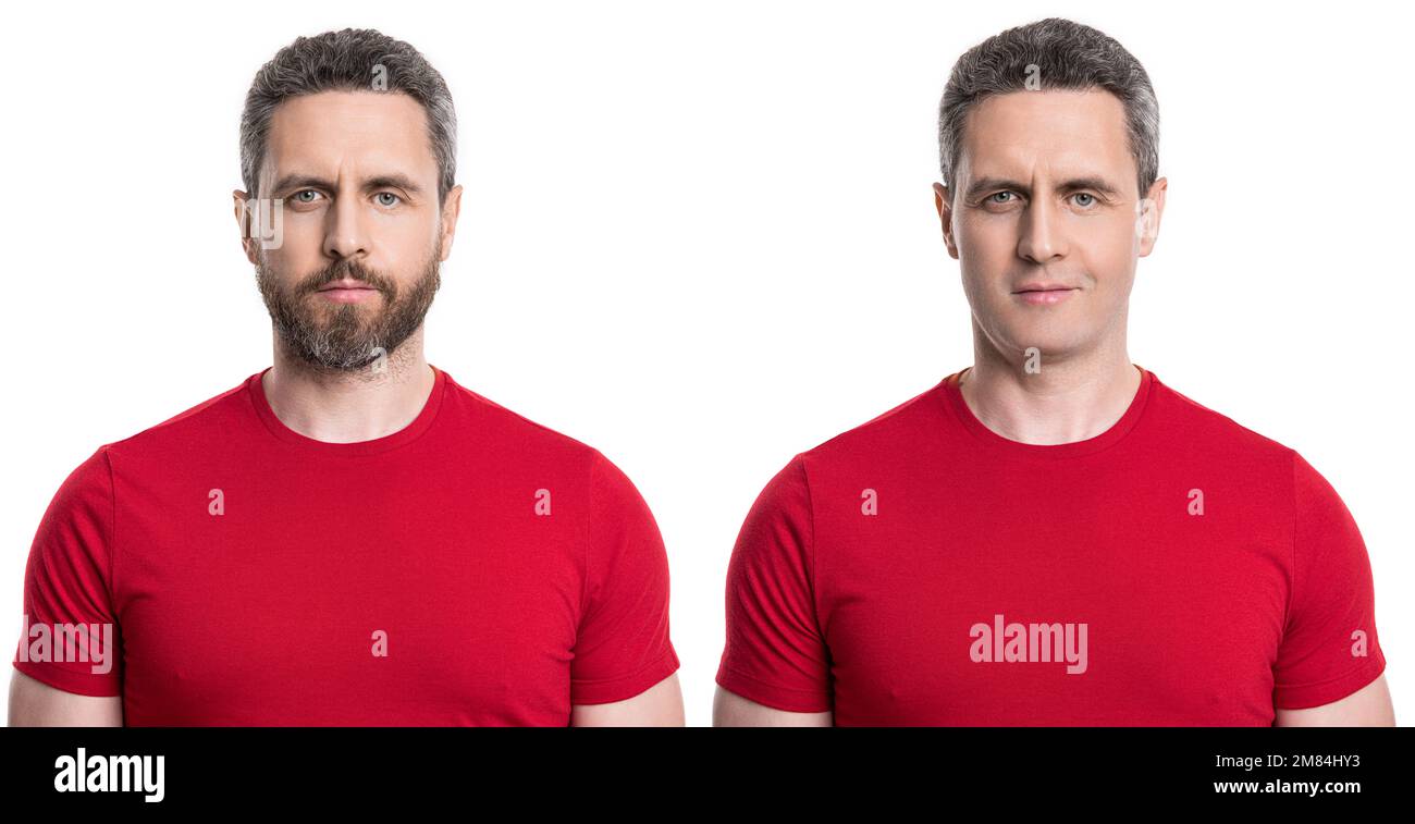 Portrait of unshaven and cleanshaven man. Face of man with beard and clean shaven Stock Photo