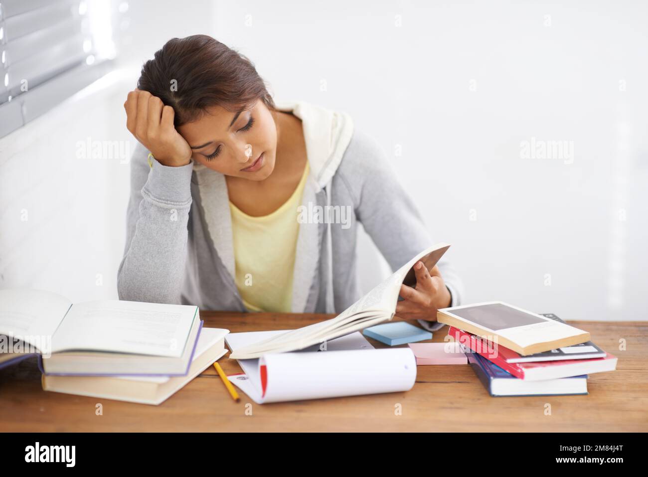Shes got her head in the books...Head and shoulders shot of a college student reading through her class work. Stock Photo