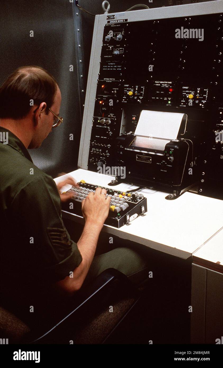 SSGT Joey L. Eden, AFSAT technician, 2163rd Information Services Group, Peterson AFB, Colorado, operates the ASR1 (Auto sending, Receiving 1). Exact Date Shot Unknown. Country: Unknown Stock Photo