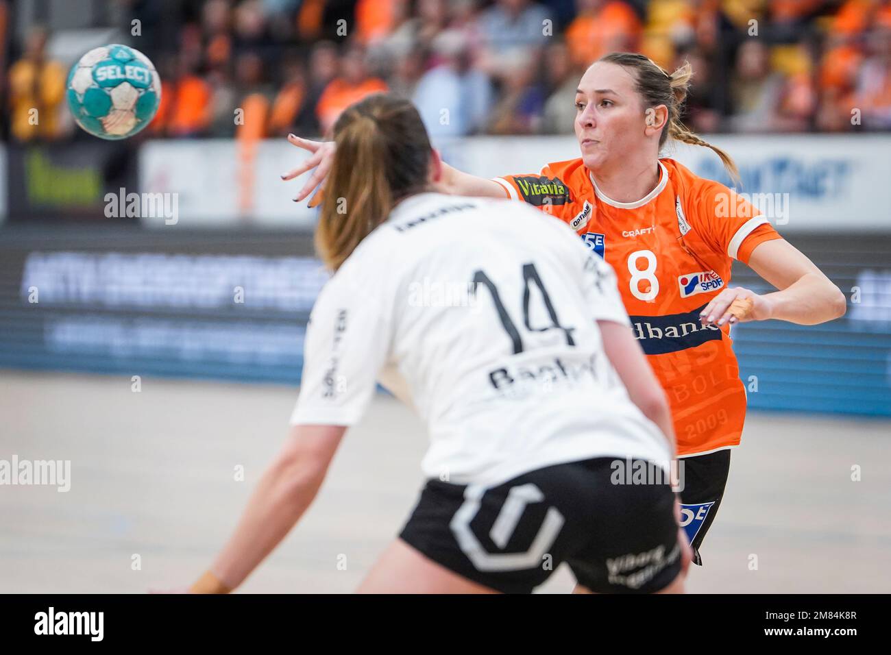 Odense, Denmark. 11th Jan, 2023. Lois Abbingh (8) of Odense Handball seen in the Danish Kvindeligaen match between Odense Handball and Viborg HK at Sydbank Arena in Odense. (Photo Credit: Gonzales Photo/Alamy Live News Stock Photo