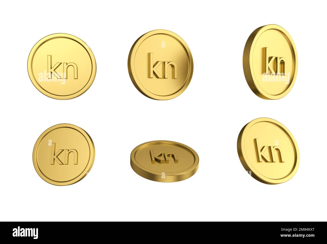 3d illustration Set of gold Croatian kuna coin in different angels on white background Stock Photo