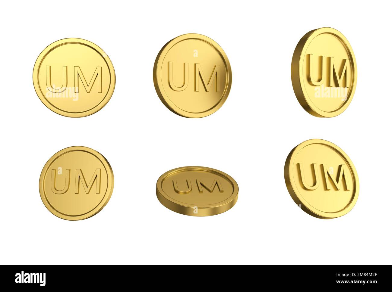 3d illustration Set of gold Ouguiya coin in different angels on white ...