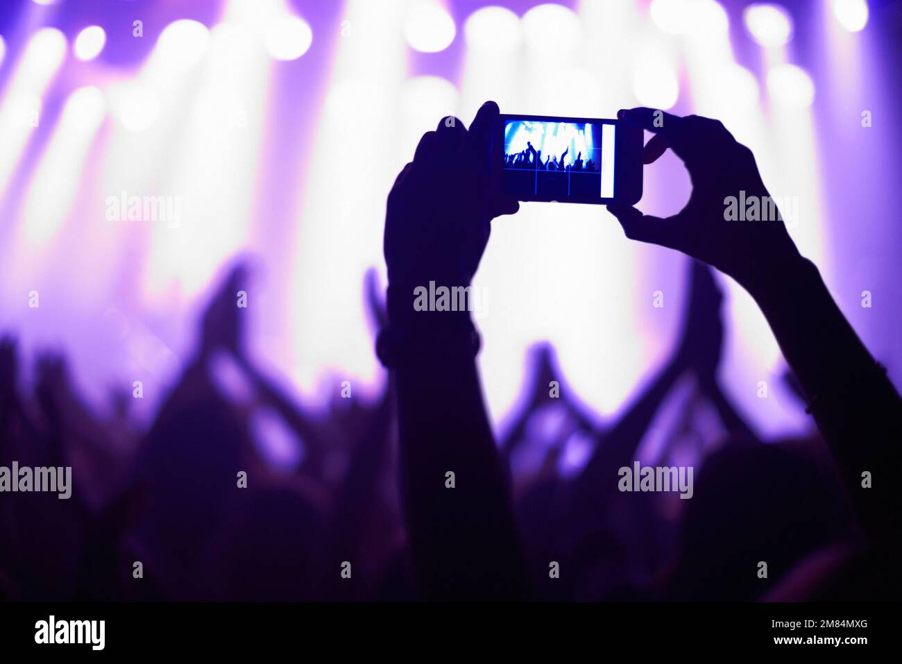 Capturing the moment. A person filming their favourite band with a camera phone. Stock Photo