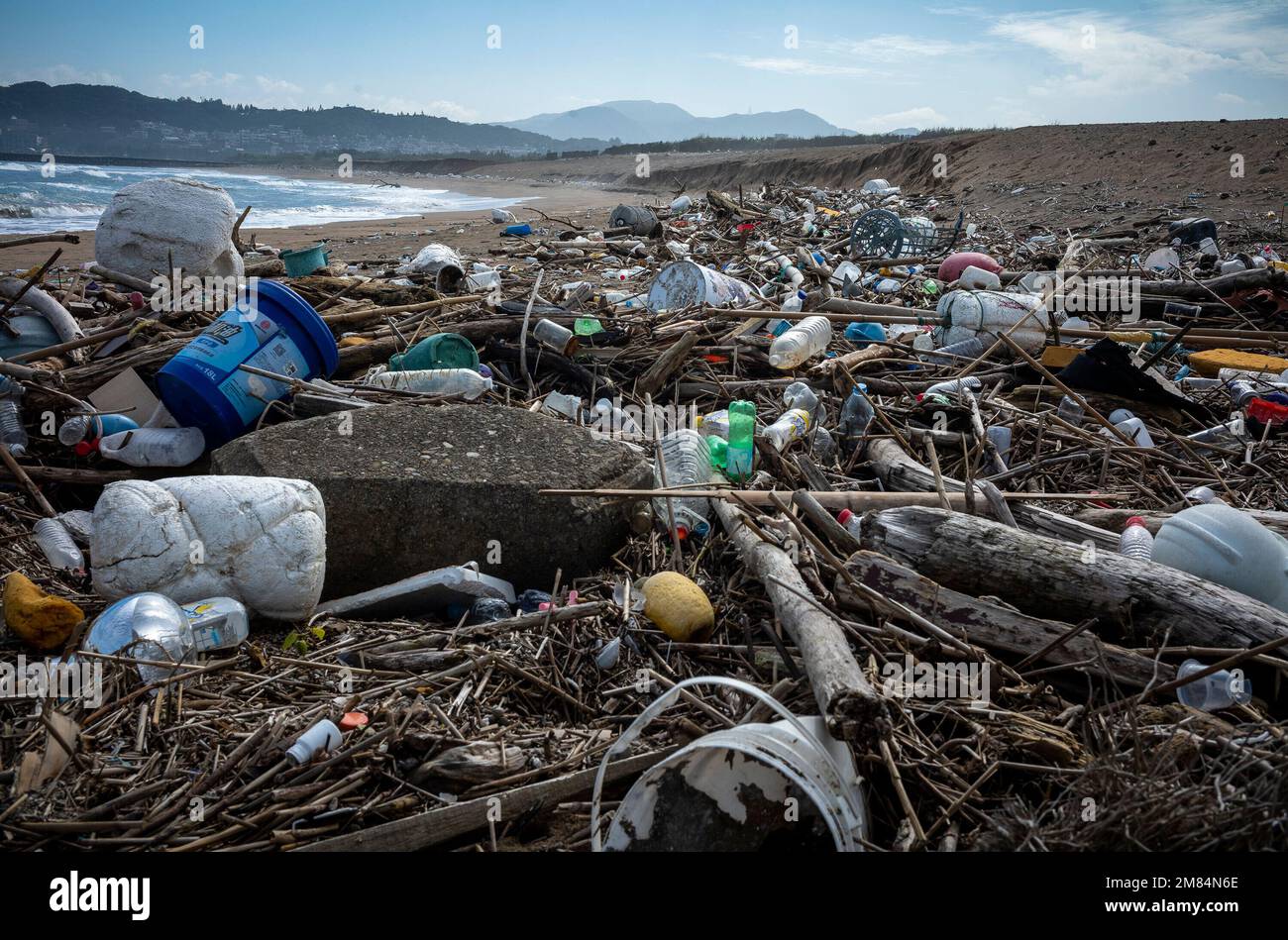 Taipei. 12th Jan, 2023. Beach polluted with remnants of fishing nets, foam sea buoys used by fishermen and plastic, mainly soda bottles near Keelung, Taiwan on 12/01/2023 by Wiktor Dabkowski Credit: dpa/Alamy Live News Stock Photo
