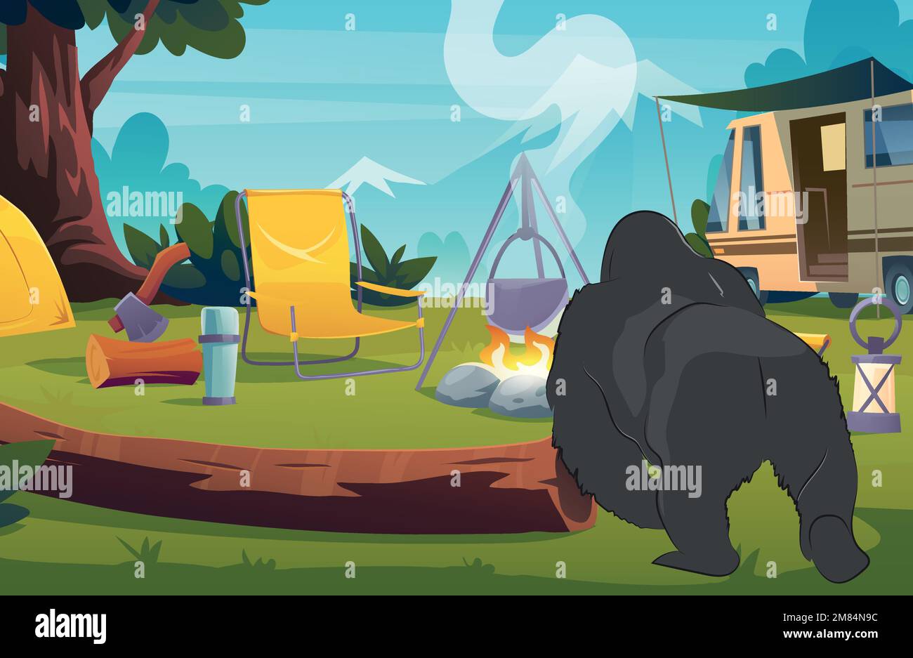 Gorilla camping background gorilla vector art tent Stock Vector