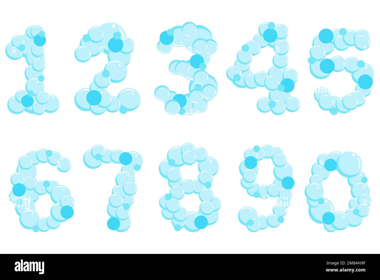 Soap bubble numbers set. Water suds figures. Cartoon vector font Stock