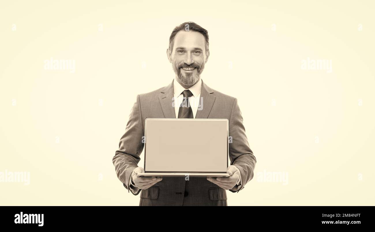webinar pc advertisement. businessman presenting product. presentation on computer. Stock Photo