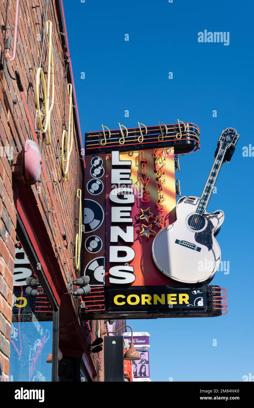 Blade sign on the front of Legends Corner, a honky tonk bar on Broadway in Nashville, Tennessee. Stock Photo