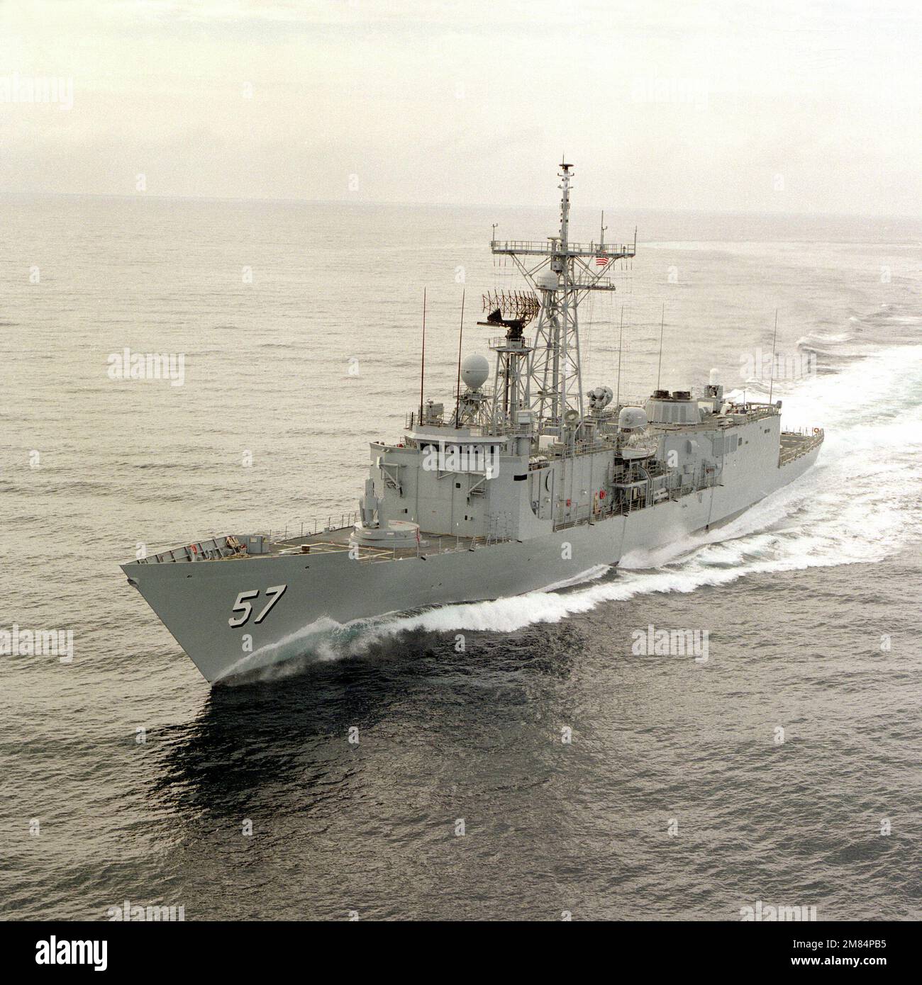 A port bow view of the guided missile frigate RUBEN JAMES (FFG-57) underway during sea trials. Base: Los Angeles State: California (CA) Country: United States Of America (USA) Stock Photo