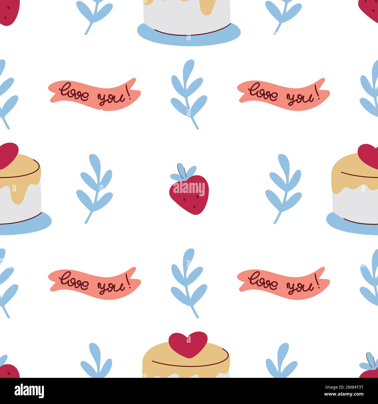 Cakes and strawberries seamless pattern Stock Vector