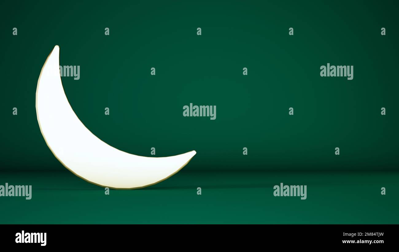 Ramadan green background with crescent moon and copy space, 3d rendering. Stock Photo