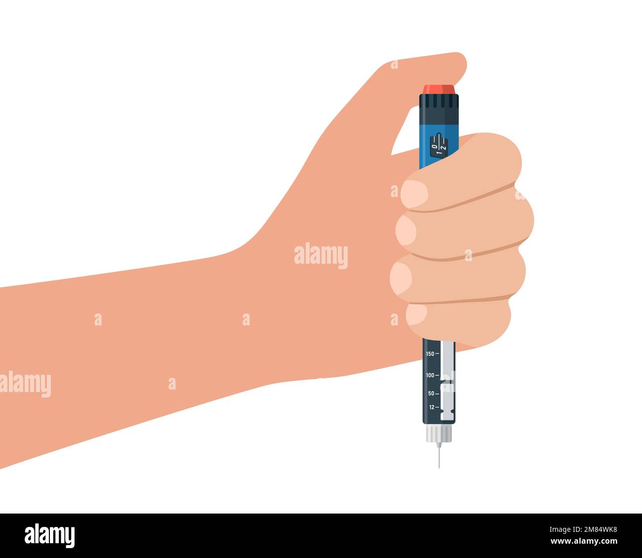 Diabetic patient hand hold insulin injection pen. Hormone ampoule