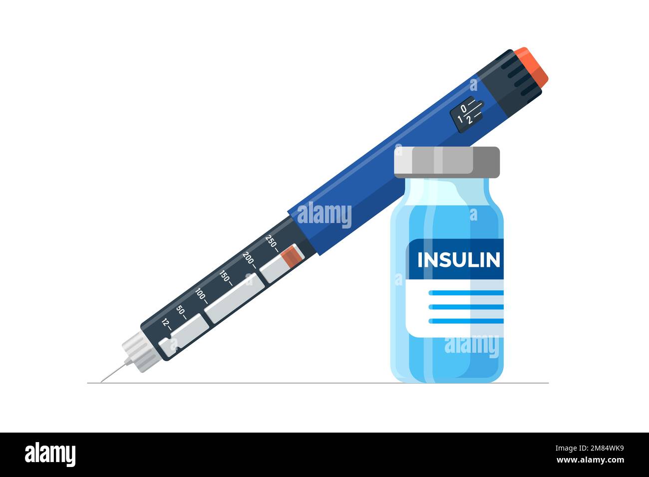 Insulin injection pen and vial. Hormone ampoule inside syringe and