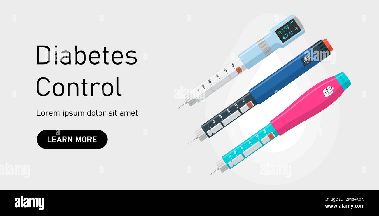 Insulin injection pen set on website banner. Hormone syringes poster