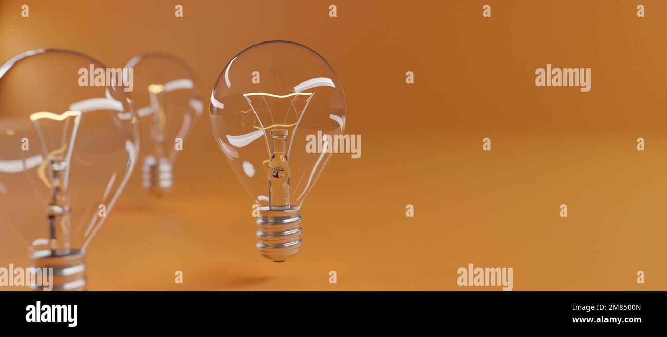 Electric bulbs on orange background. Selective focus. Minimal conceptual idea with copy space. 3D Rendering Stock Photo