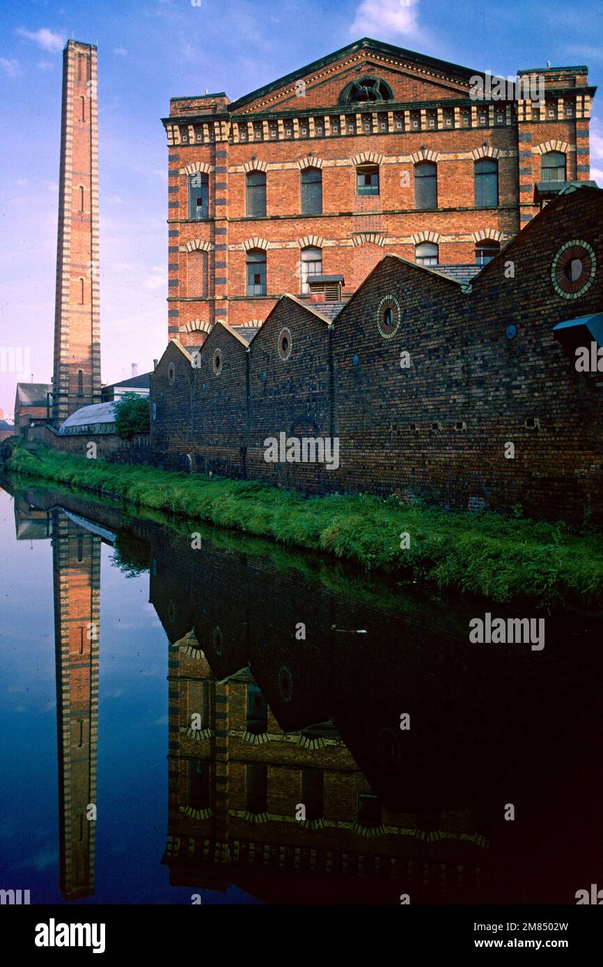 Mill chimney and old mill (now Premier Inn) at Weavers Wharf in 1978, Kidderminster, Worcestershire Stock Photo