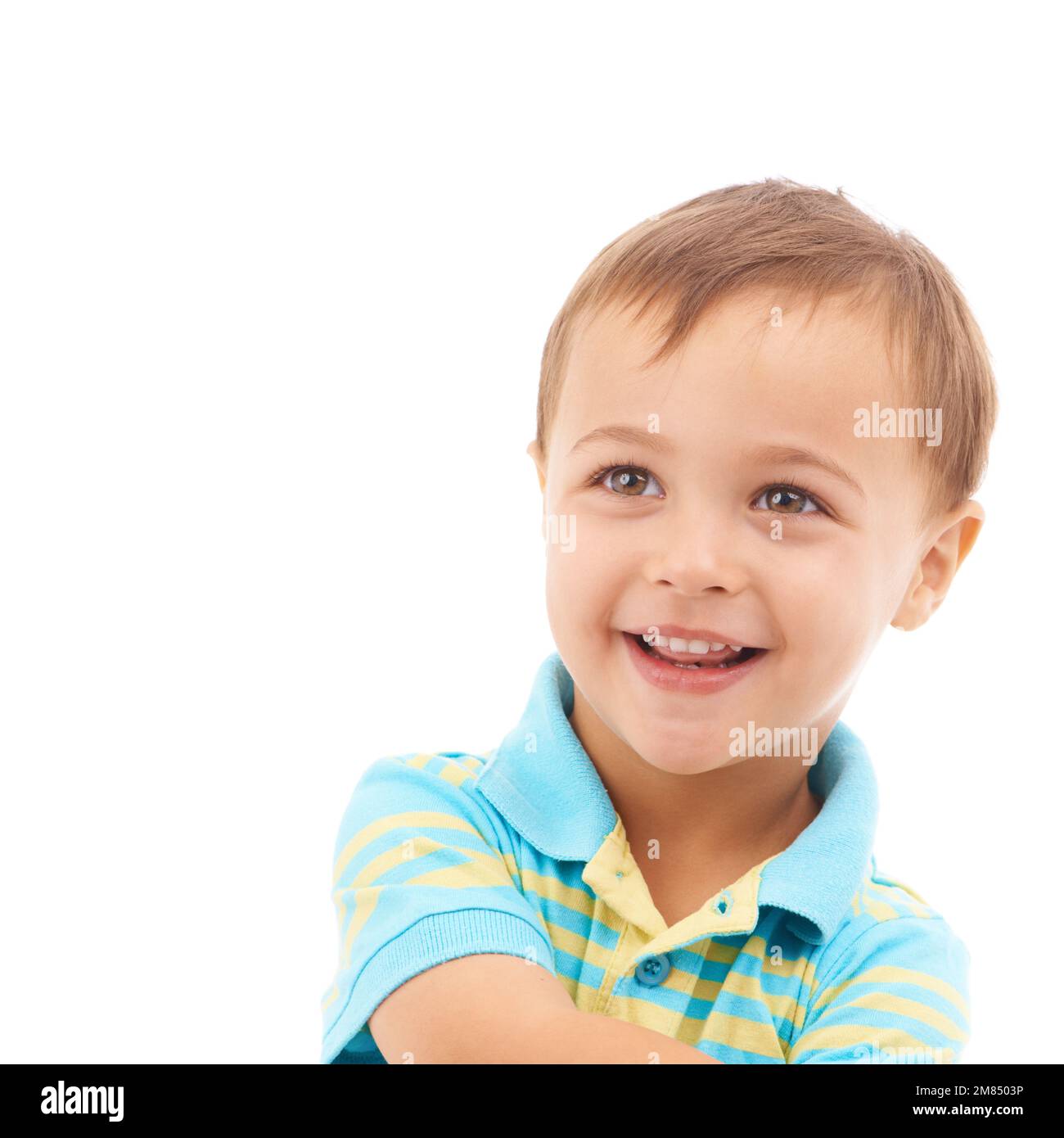 What a cheery little man. Cropped studio shot of a cute young boy isolated on white. Stock Photo