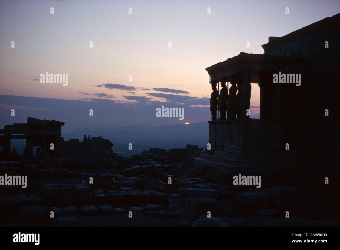 The Erectheum on the Acropolis at sunset in 1966, Athens, Greece Stock Photo