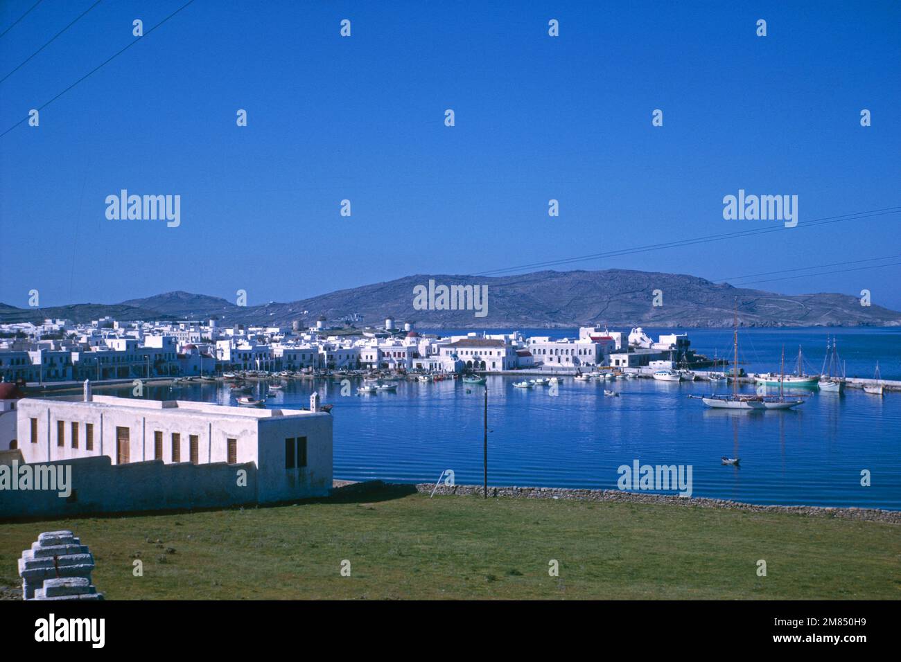 Town and harbour of Mykonos in 1966, Cyclades, Greece Stock Photo