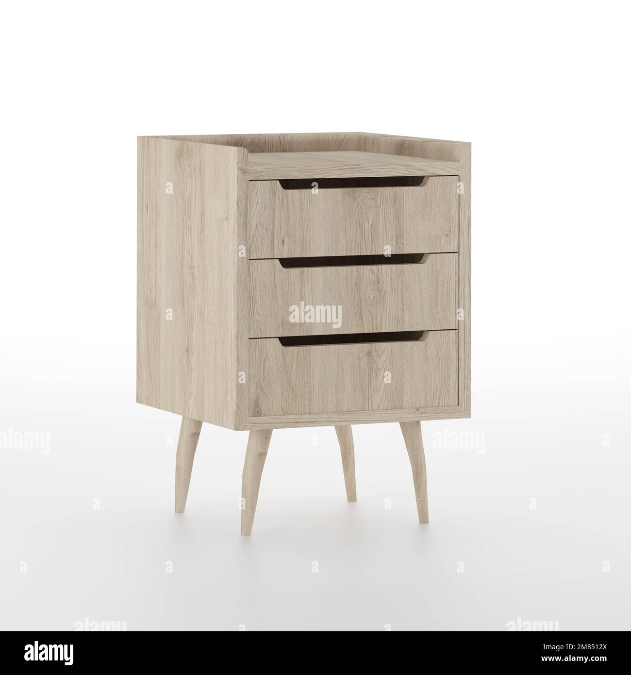 Mid century modern bedside table furniture design isolated on white, 3d