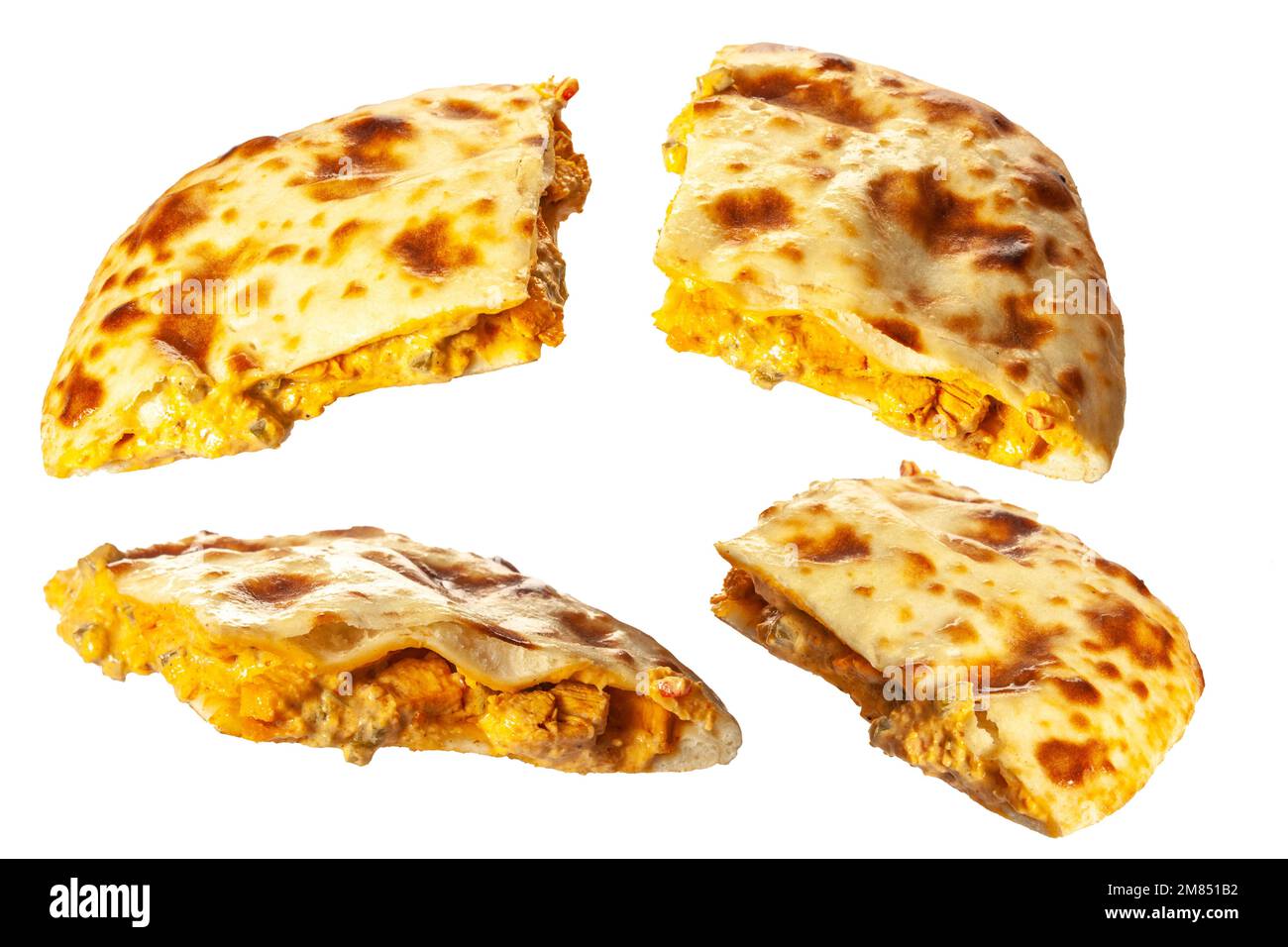 Stuffed chicken naan slices in different angles isolated on white background Stock Photo