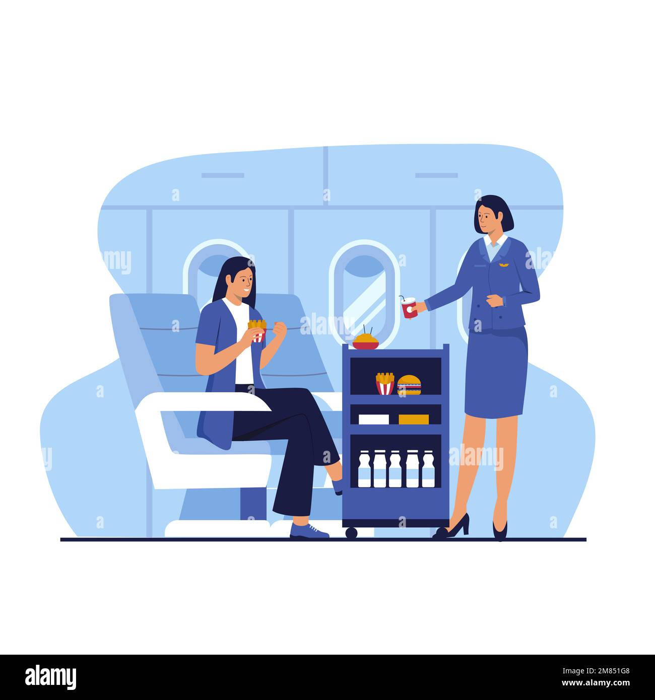Flight attendants serve passengers on the plane. Illustration for website, landing page, mobile app, poster and banner. Stock Vector