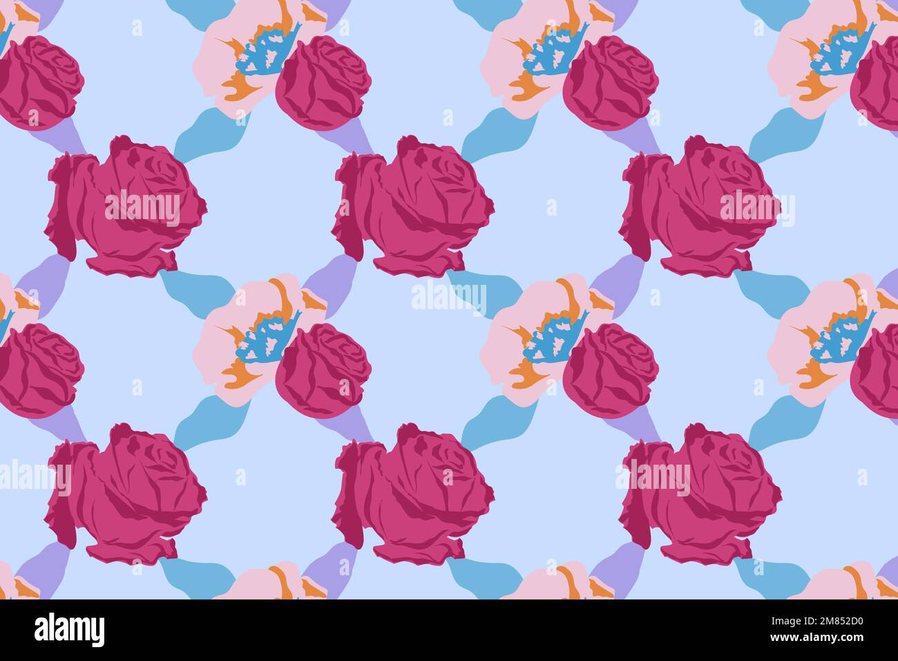Pink cute floral pattern vector with roses blue background Stock Vector