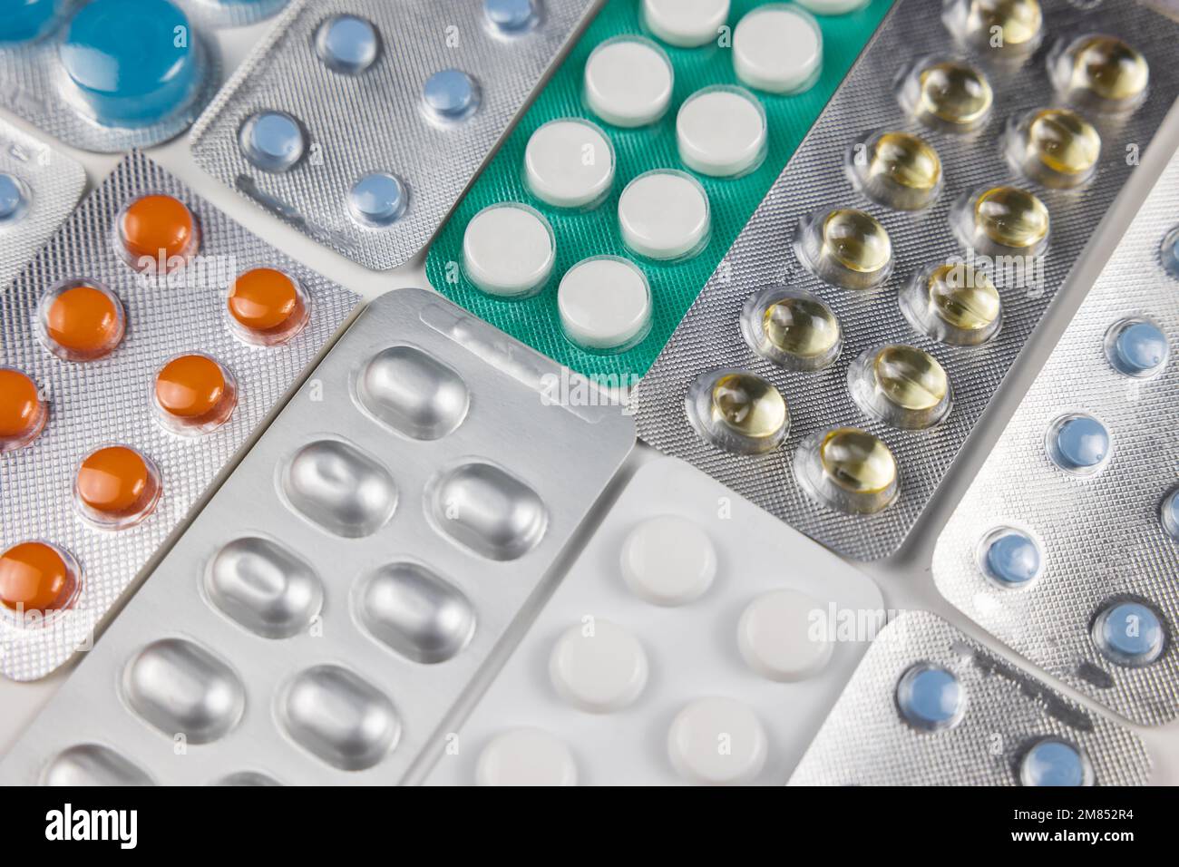 Medicine background. Various pills or medicines in the plastic blisters. pharmacy or medicament concept photo. Stock Photo