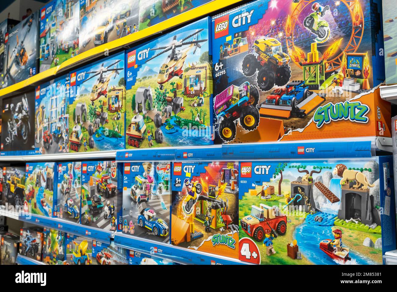 Lego construction kits for sale in supermarket. Lego is a line of plastic construction toys that are manufactured by The Lego Group company in Denmark Stock Photo