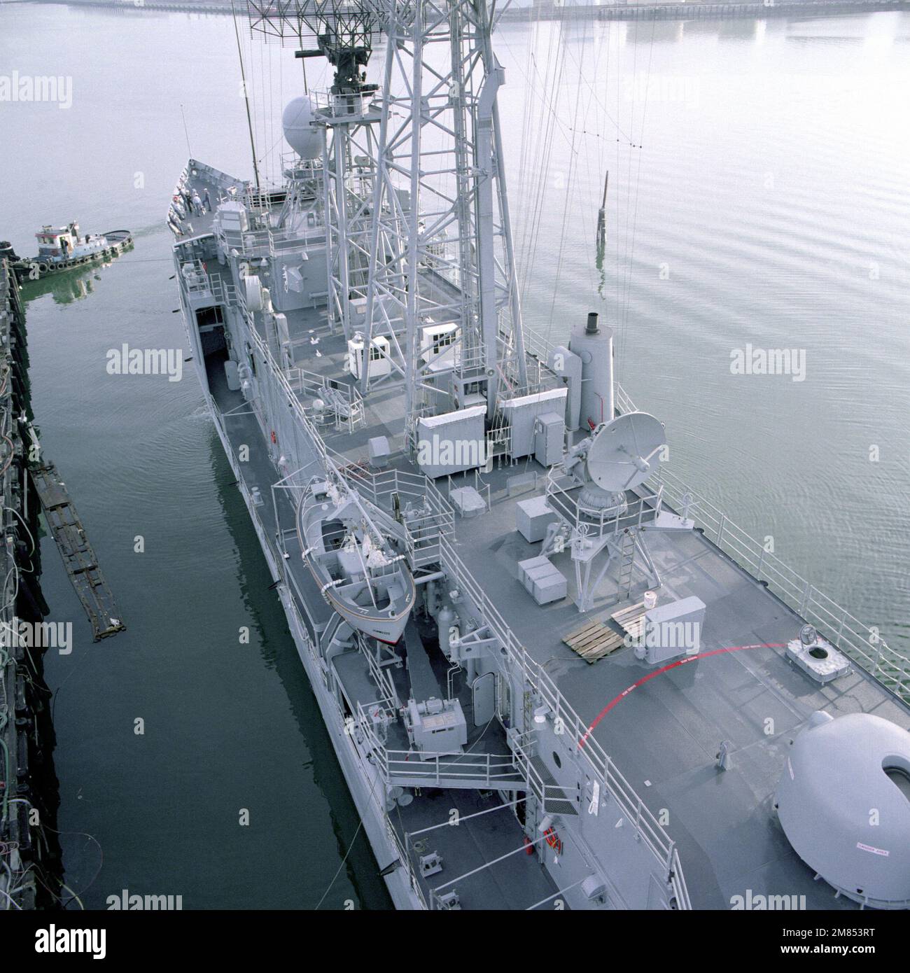 A view of the amidships section of the guided missile frigate REUBEN JAMES (FFG-57) during an inclining test. Base: Los Angeles State: California (CA) Country: United States Of America (USA) Stock Photo