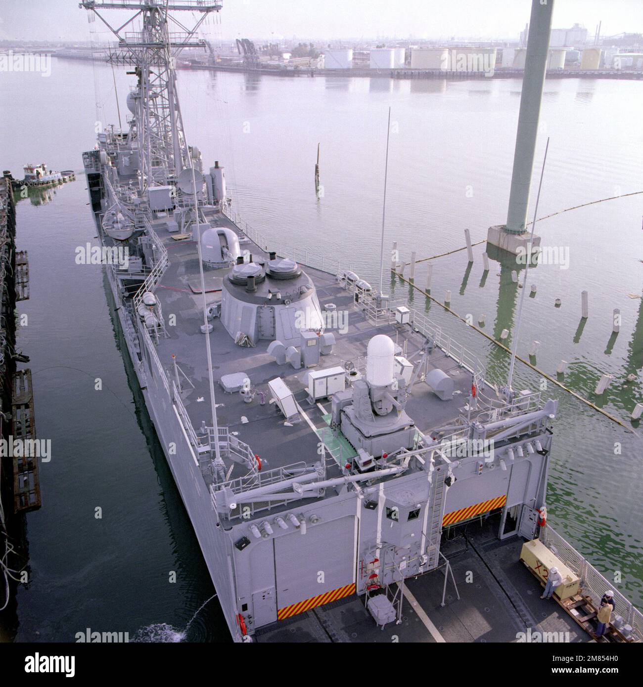 A port quarter view of the guided missile frigate REUBEN JAMES (FFG-57) during an inclining test. Base: Los Angeles State: California (CA) Country: United States Of America (USA) Stock Photo