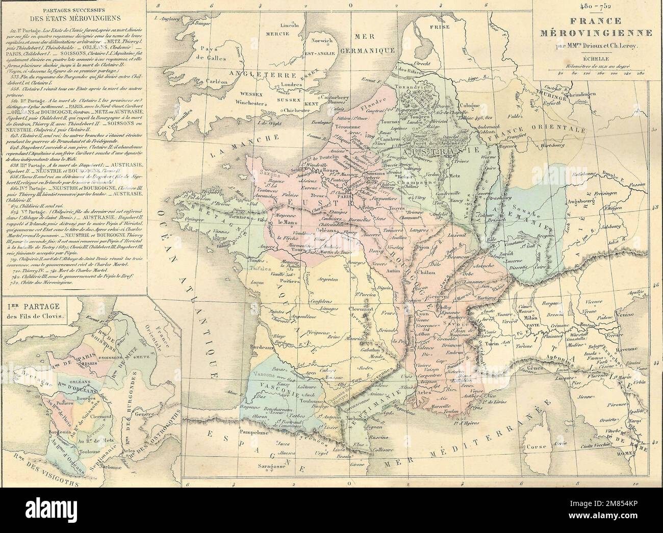 Antique map of Merovingian France,  from 1869 - Atlas Universel et Classique de Geographie, by Mm. Drioux et Ch. Leroy, Publisher Stock Photo