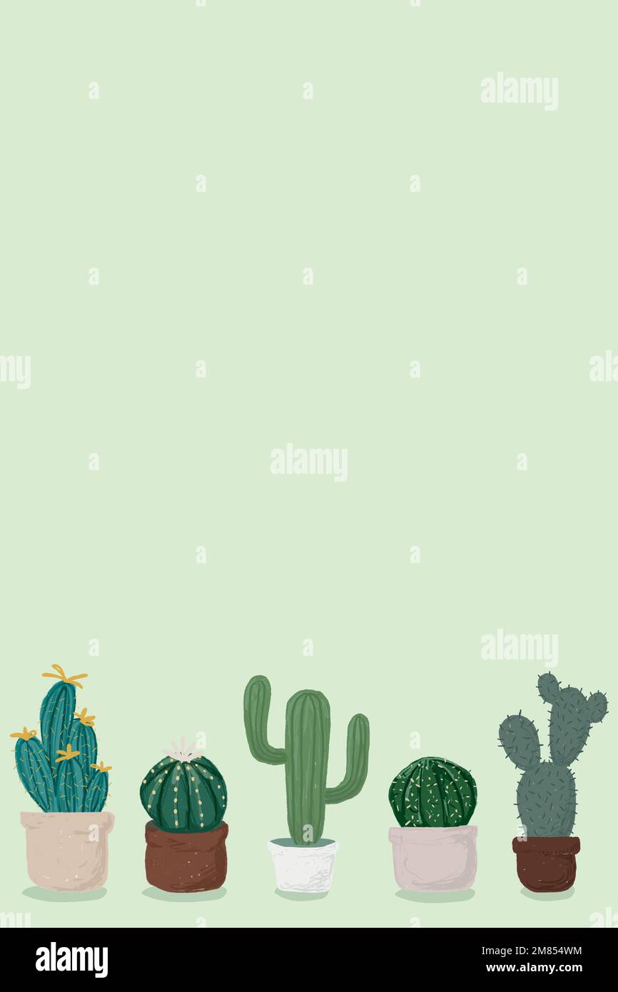 Cactus pot green background vector cute hand drawn style Stock Vector