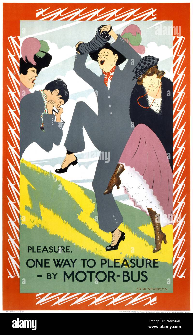 One way to pleasure by motor bus by Christopher Richard Wynne Nevinson (1889-1946). Poster published in 1921 in the UK. Stock Photo