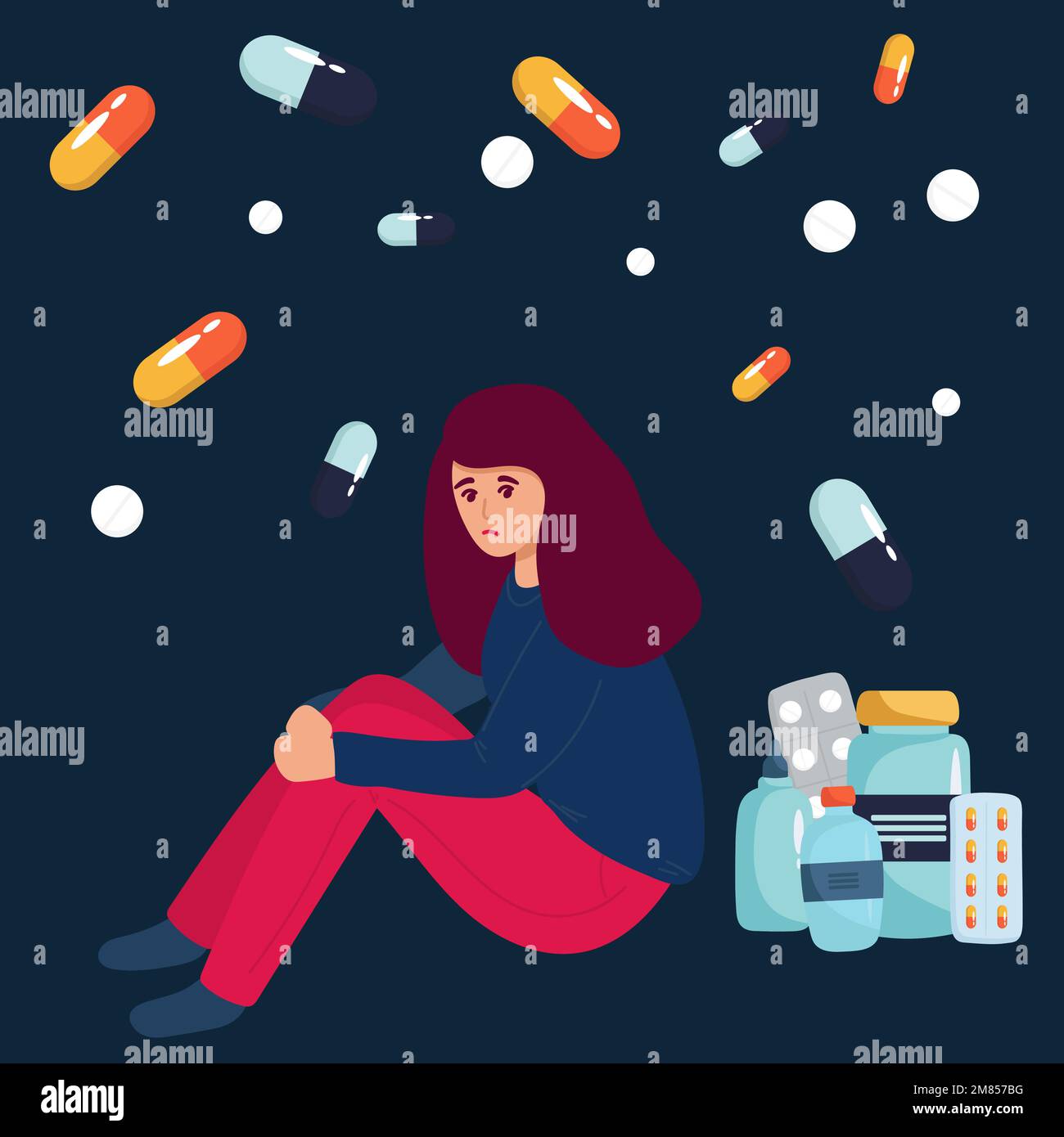 Drug addicted girl sitting on huge pill flat vector illustration. Woman