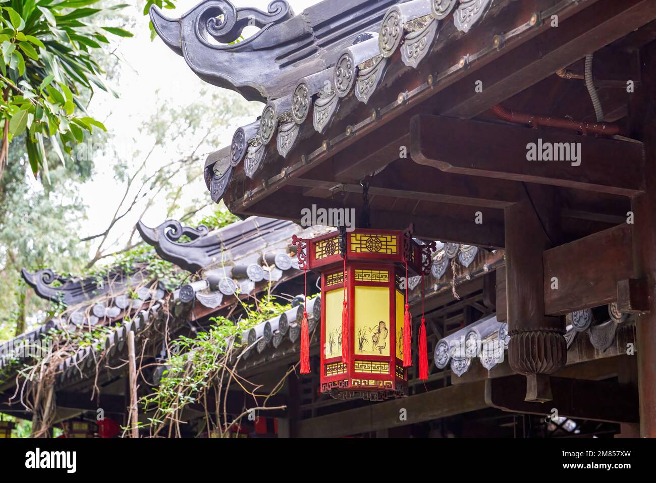 Close-up of palace lanterns hanging on traditional Chinese style ...