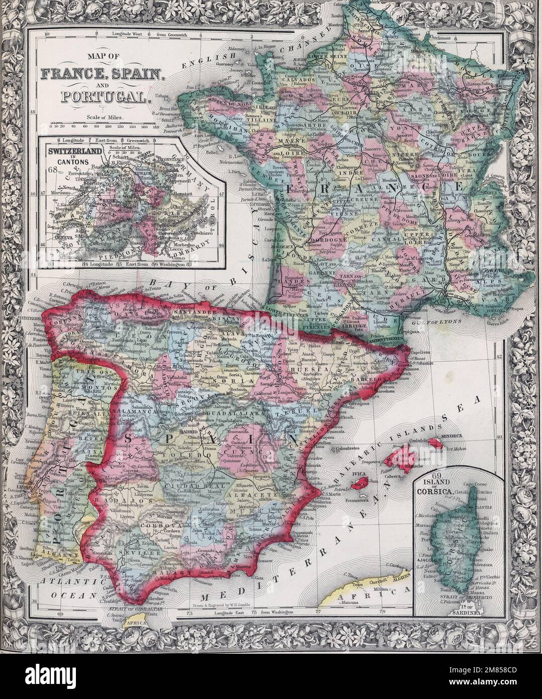 Antique map of Spain, France and Portugal from 19 century atlas Modified from map released under Creative Commons license from New York Public Library Stock Photo