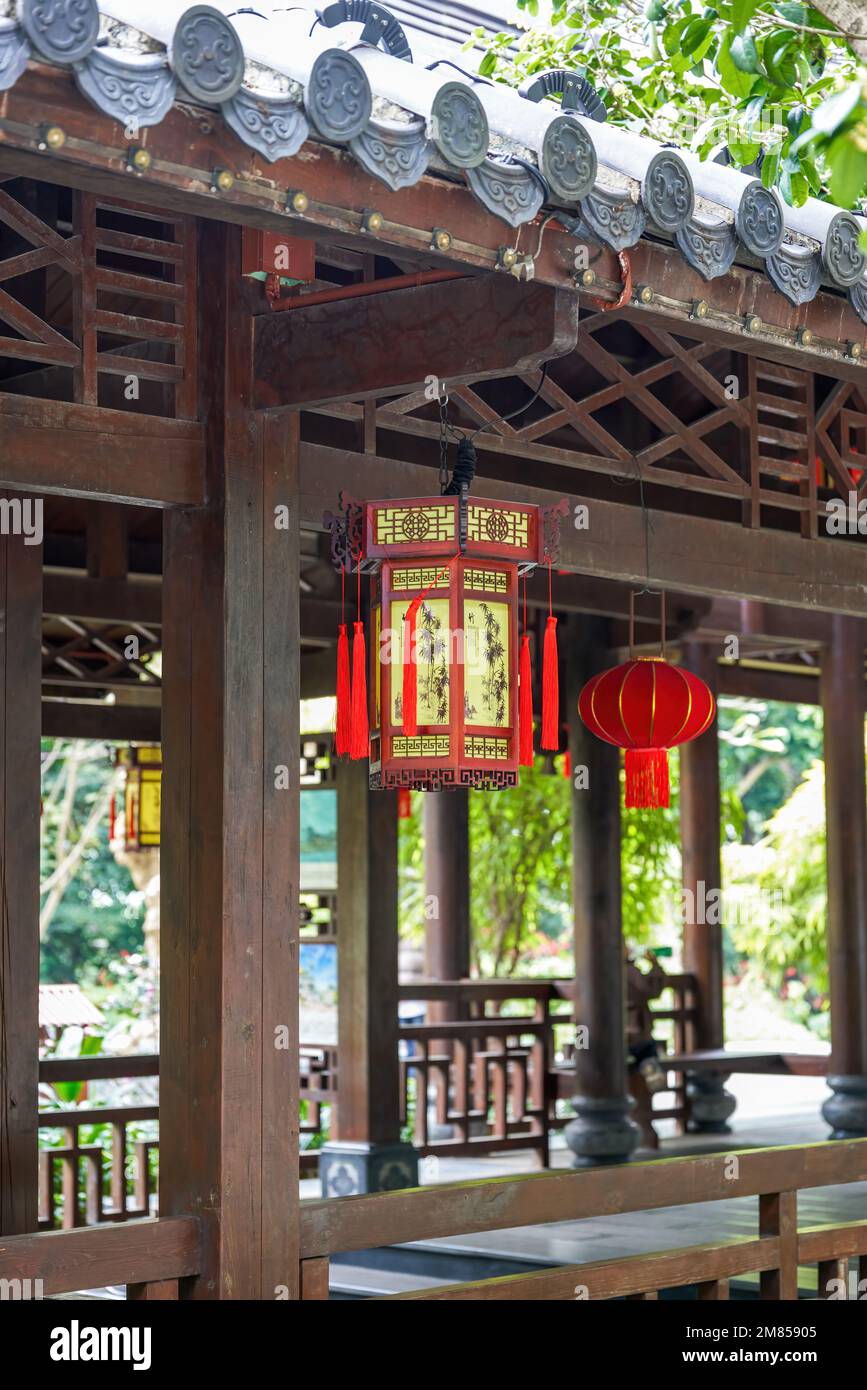Close-up of palace lanterns hanging on traditional Chinese style ...