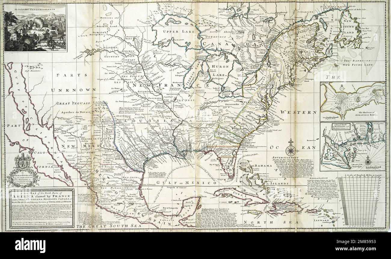 Antique map of French claims in North America, Modified from map released under Creative Commons license from Lionel Pincus & Princess Firyal Map Stock Photo