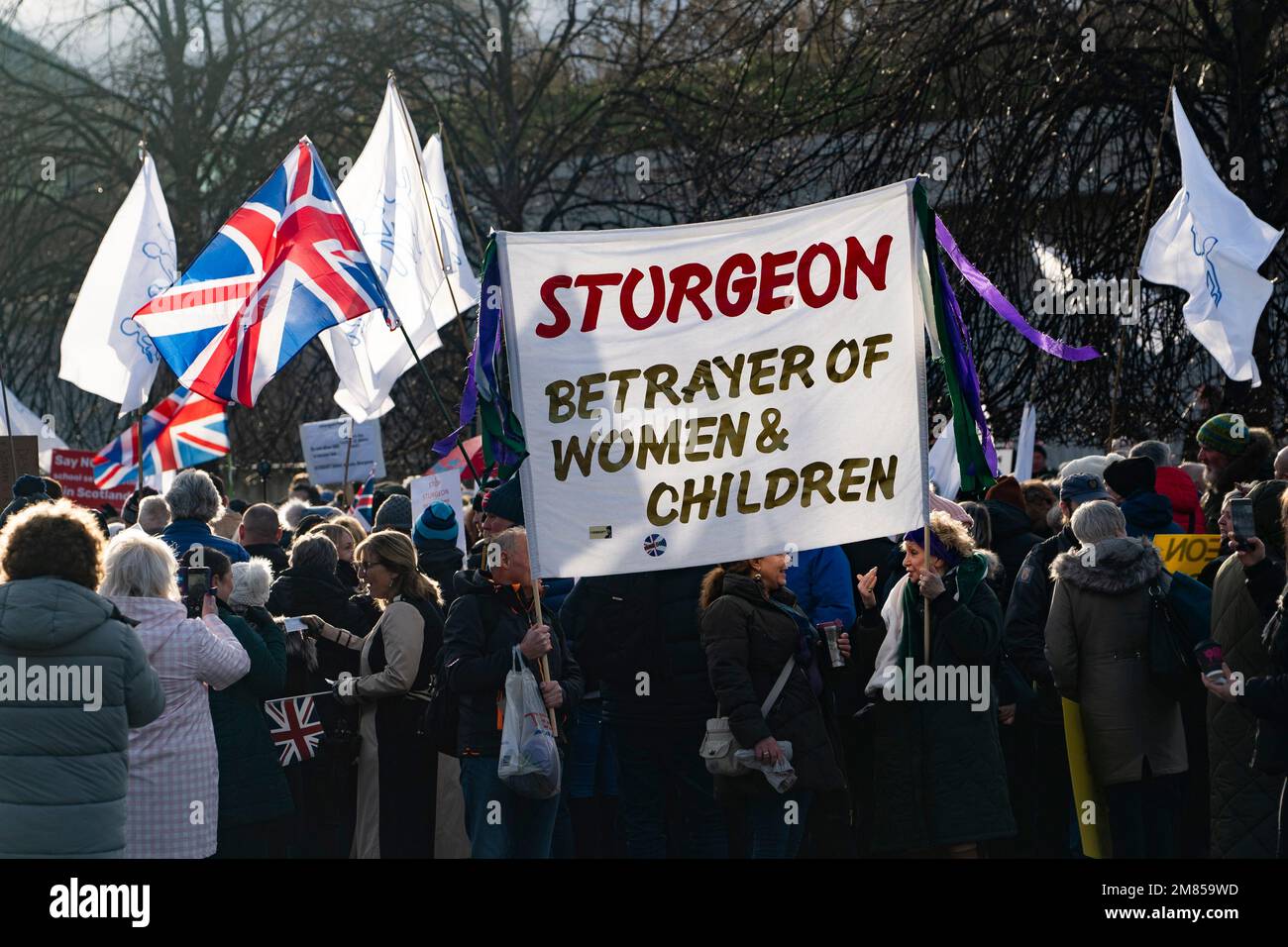Edinburgh, Scotland, UK. 12 January 2023. Rally outside Scottish Parliament  by pro-family values groups protesting against the Scottish Government’s Gender Recognition Reform bill which is passing through the Scottish Parliament. A small counter protest was held opposite by pro-trans individuals who are in favour of the GRC bill.  Iain Masterton/Alamy Live News Stock Photo
